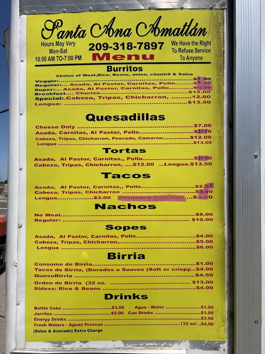 Santa Ana Amatlan Taco Truck menu board