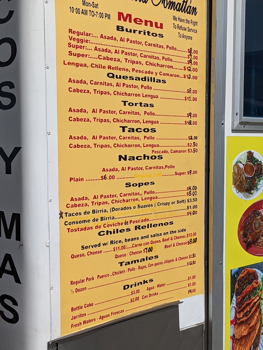 Santa Ana Amatlan Taco Truck menu board