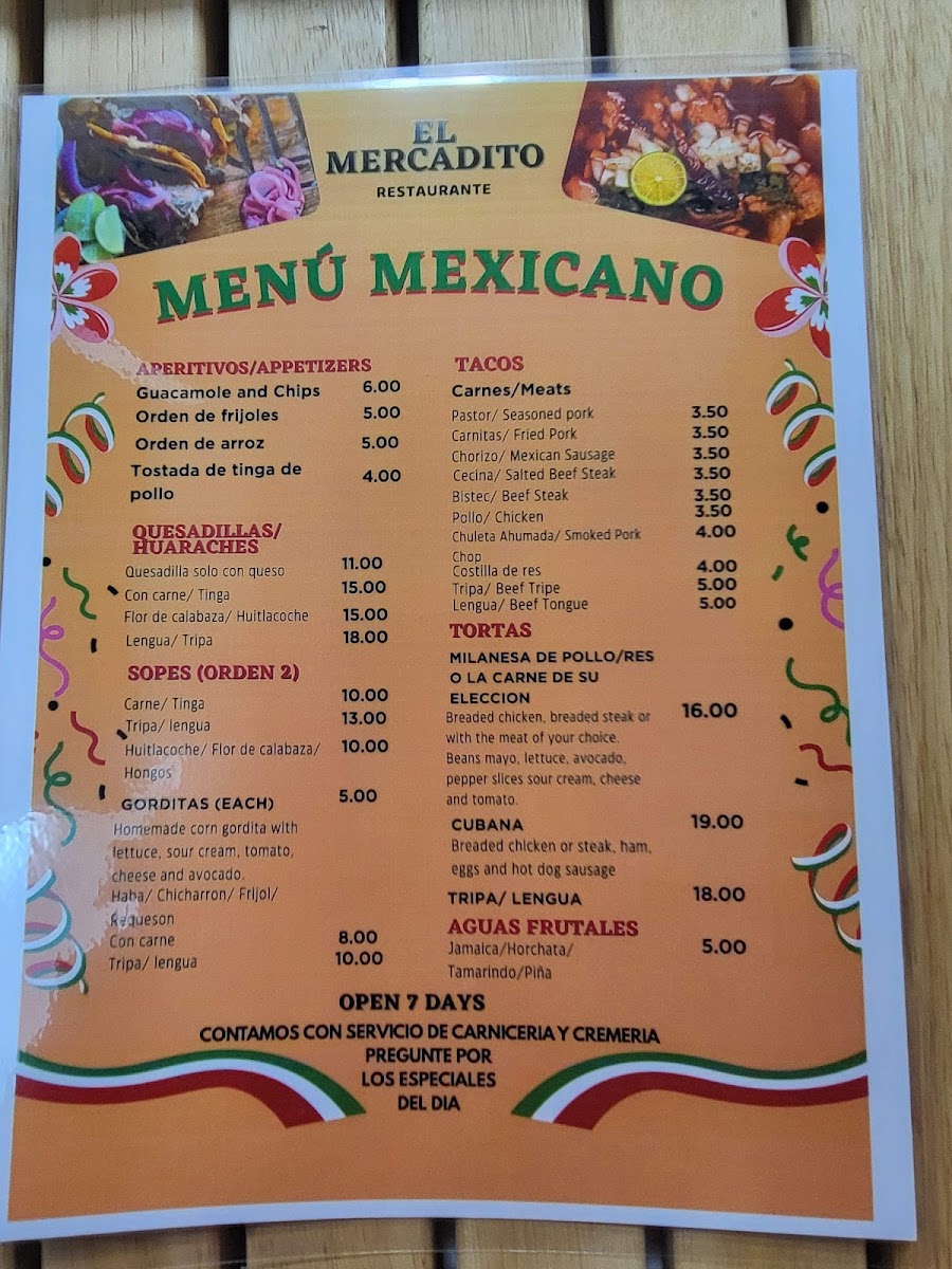 El Mercadito menu board