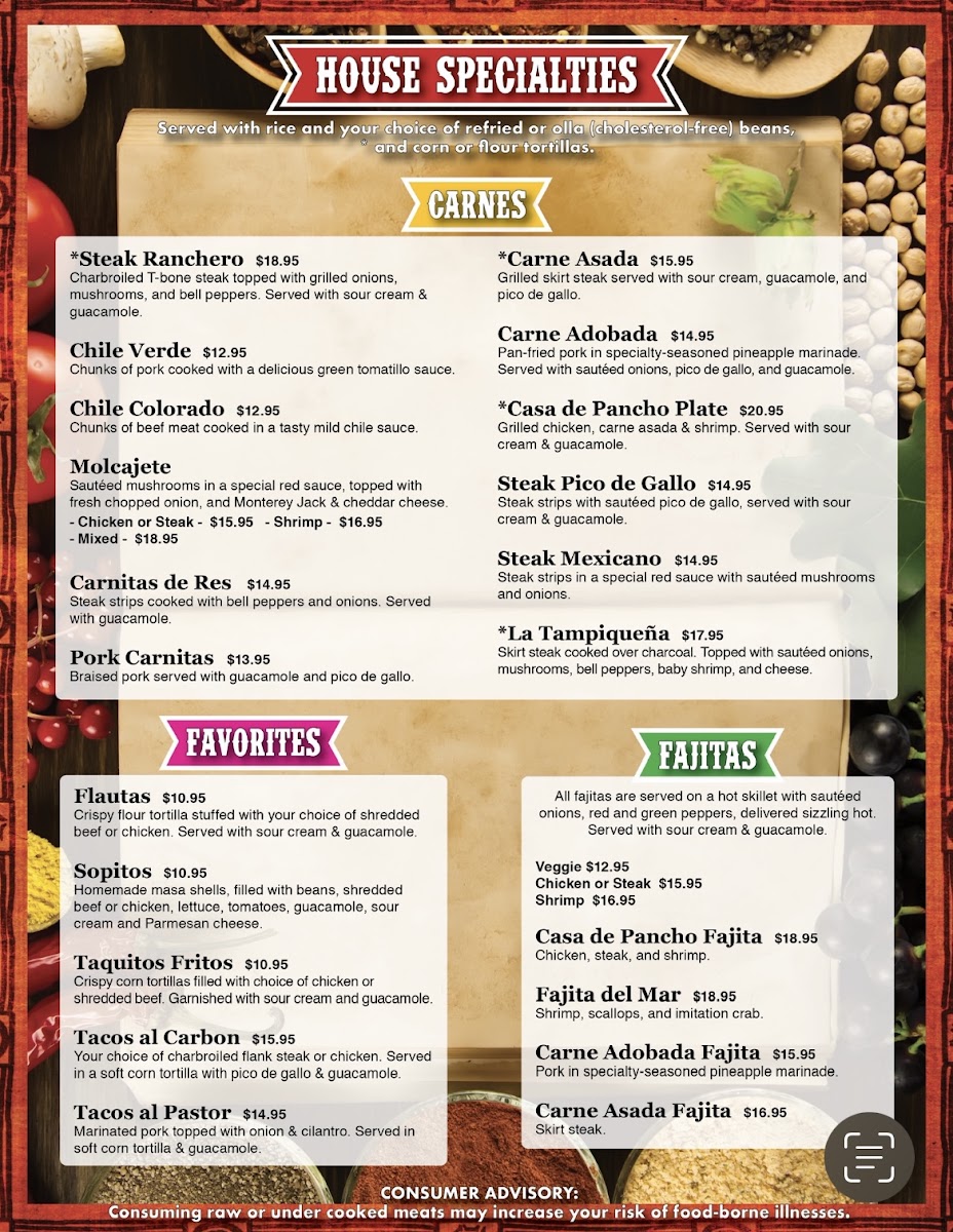 La Casa de Pancho menu board