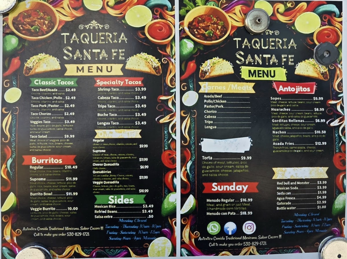 TAQUERIA SANTA FE menu board