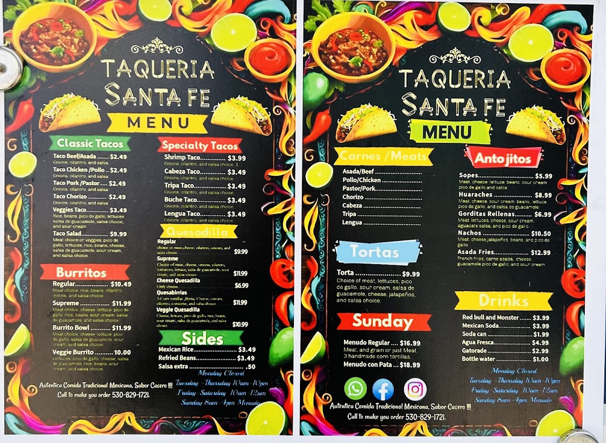 TAQUERIA SANTA FE menu board