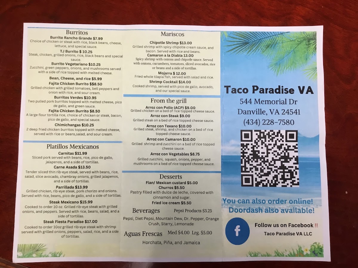 Taco Paradise VA menu board