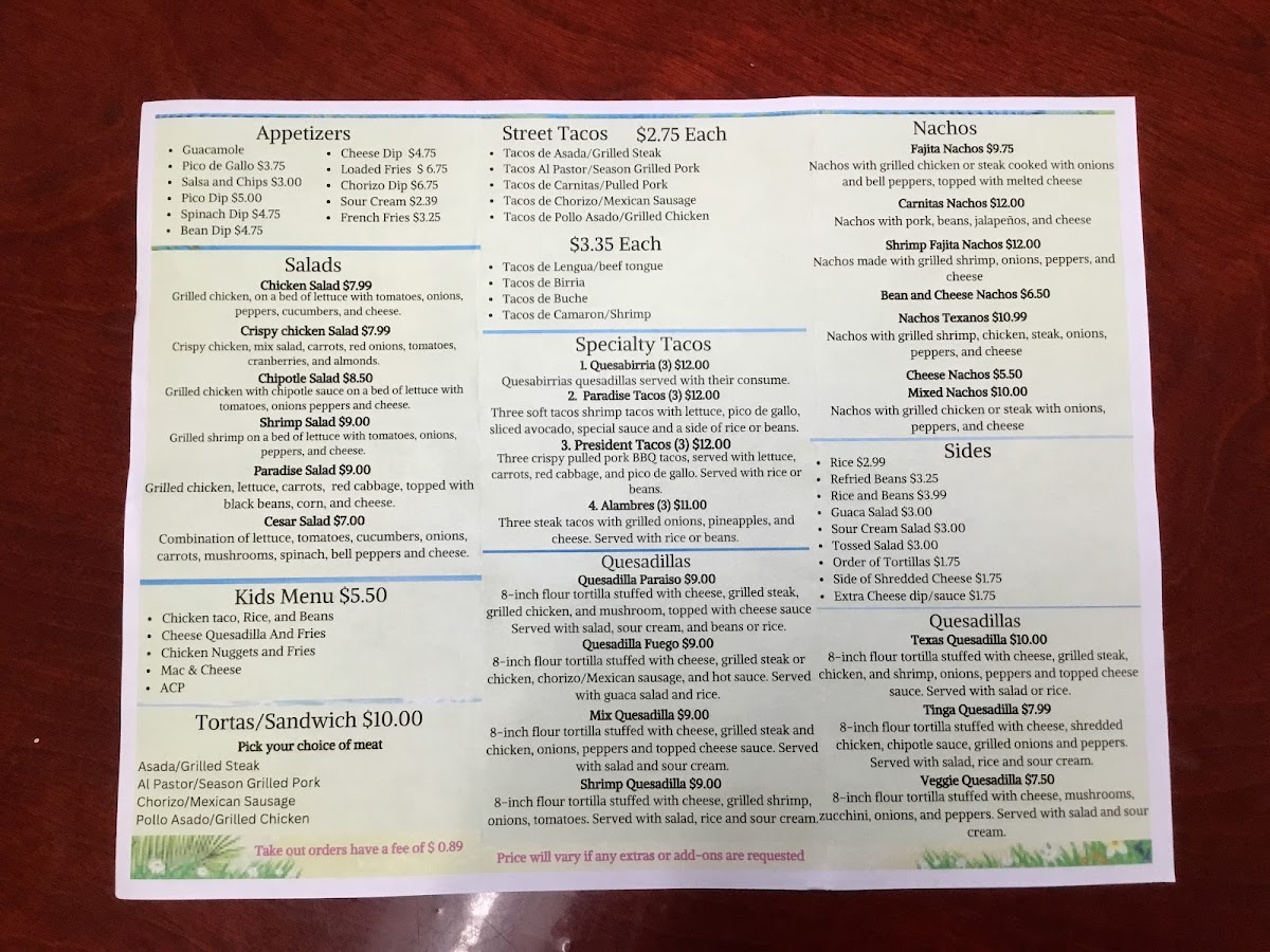 Taco Paradise VA menu board