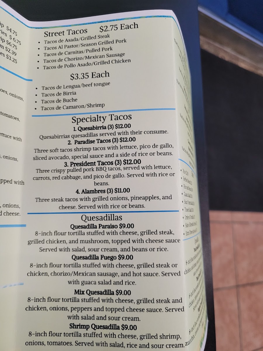 Taco Paradise VA menu board