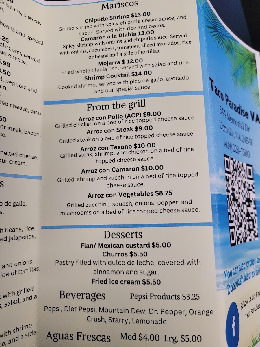 Taco Paradise VA menu board