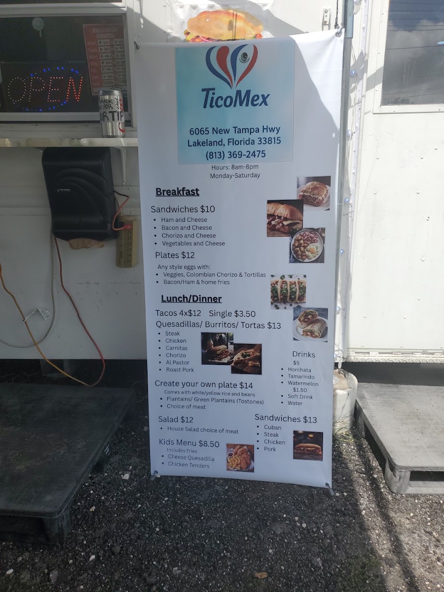 Ticomex Caribbean Food LLC menu board