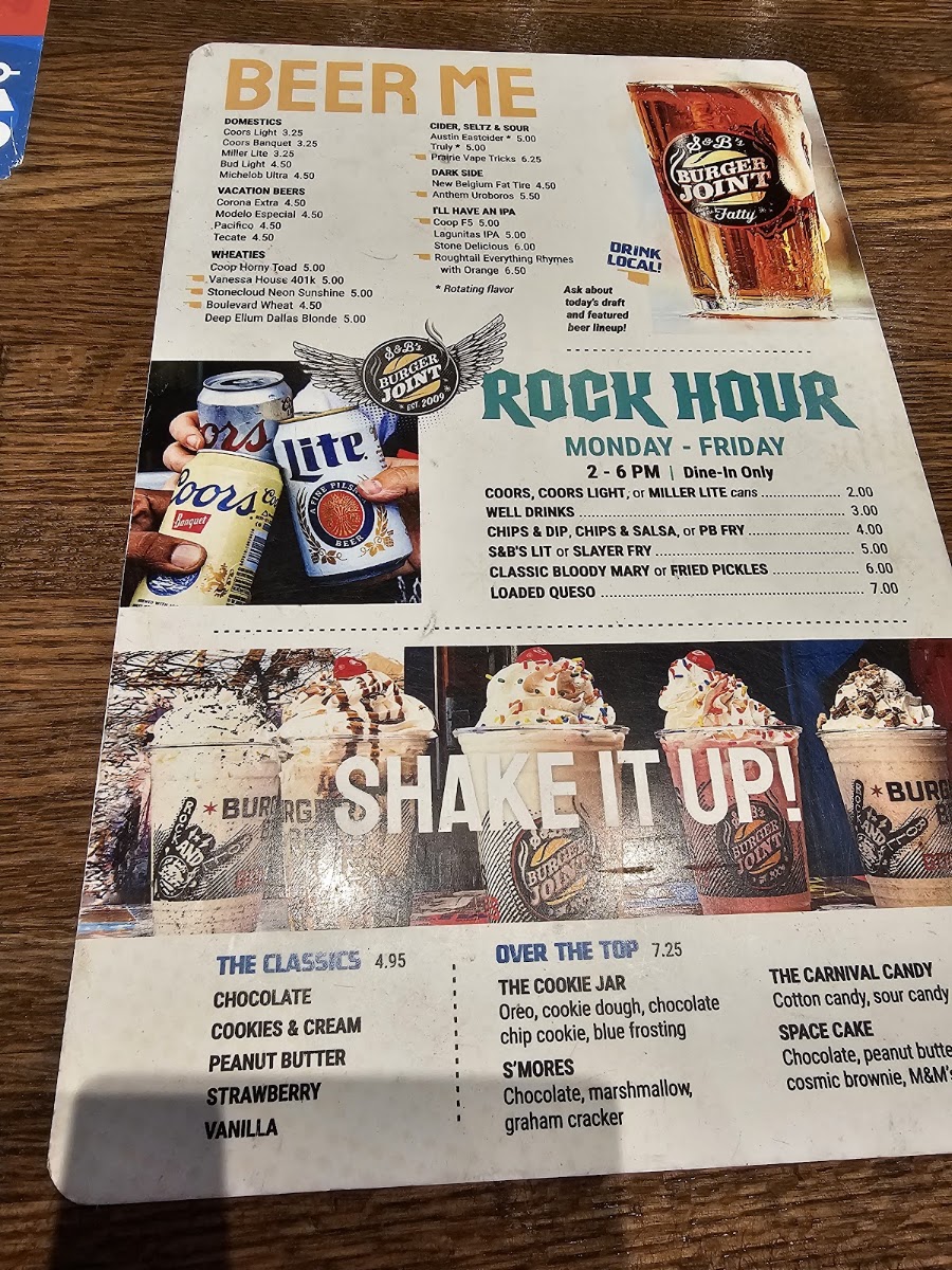 S&B's Burger Joint - East Edmond menu board
