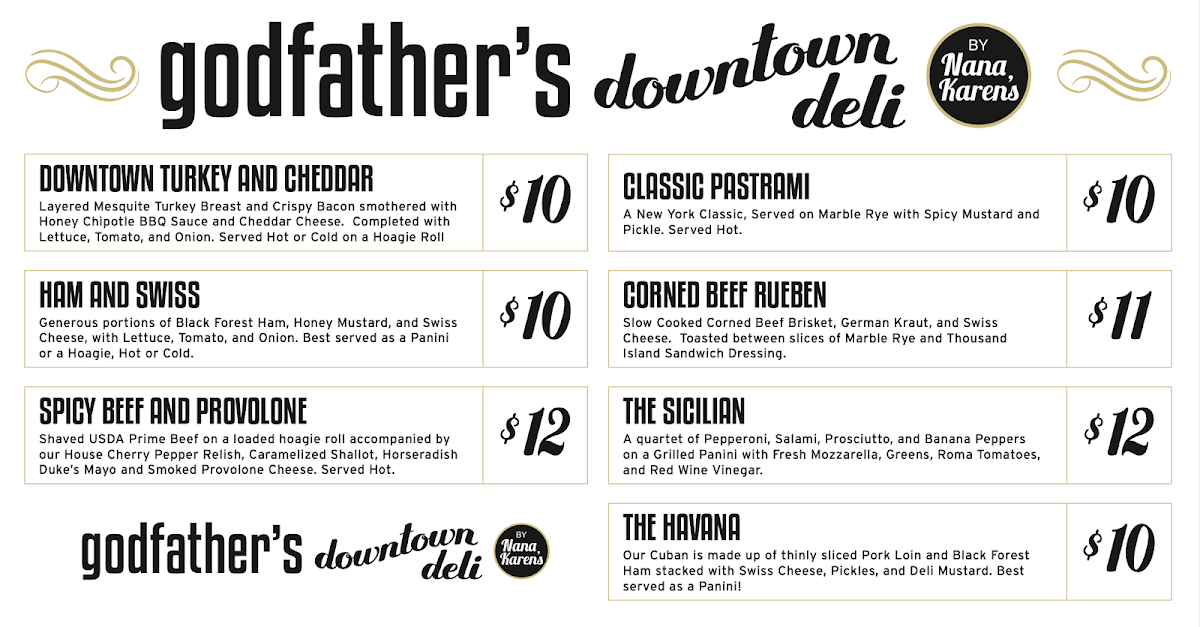 Godfather's Downtown Deli by Nana Karen's menu board