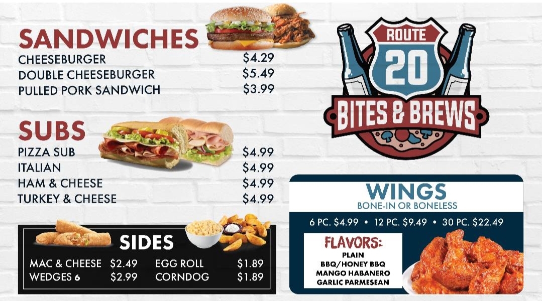 Route 20 Market & Grill menu board