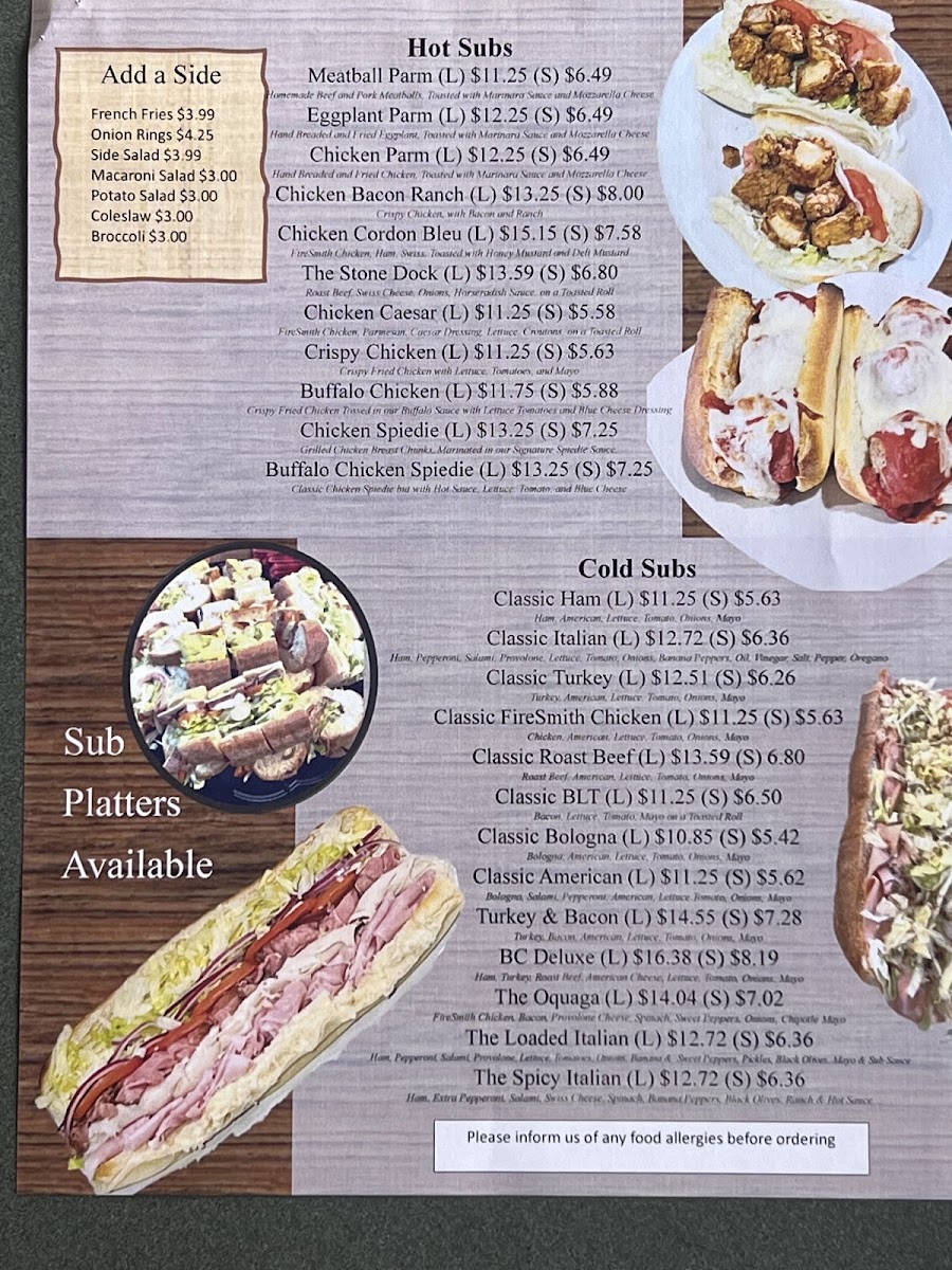 BC Pizza & More menu board