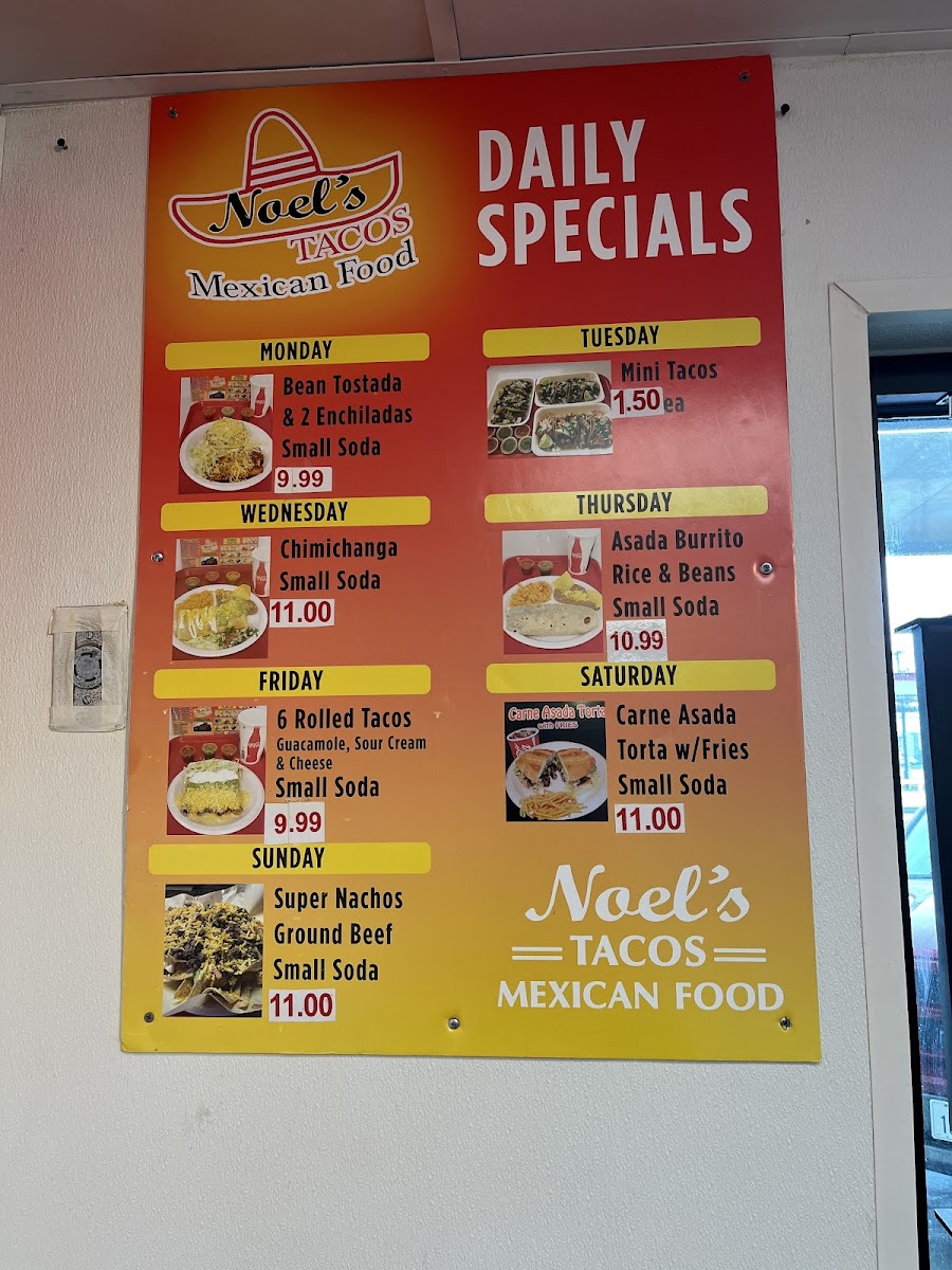 Noels tacos menu board