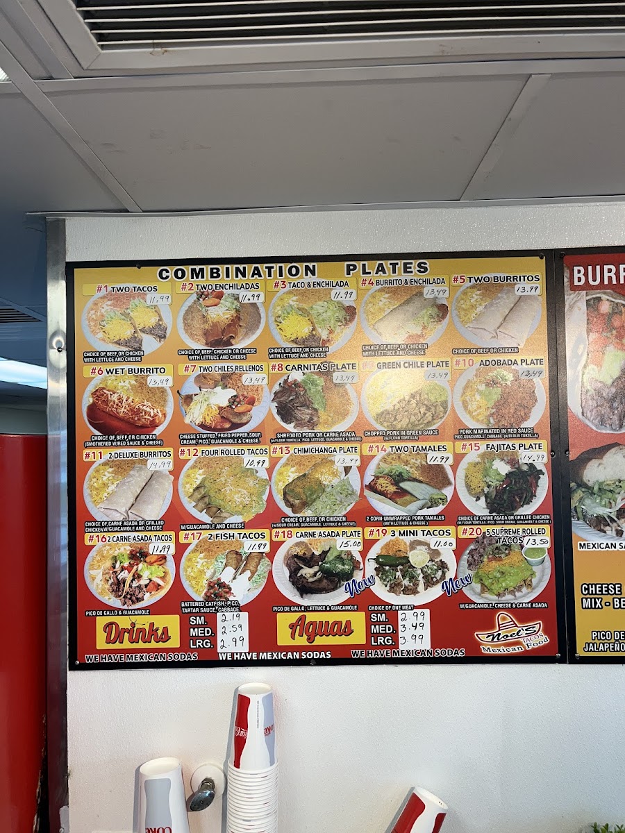 Noels tacos menu board