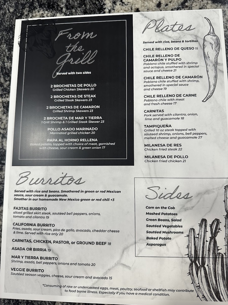 Mariachi Loco Restaurant menu board