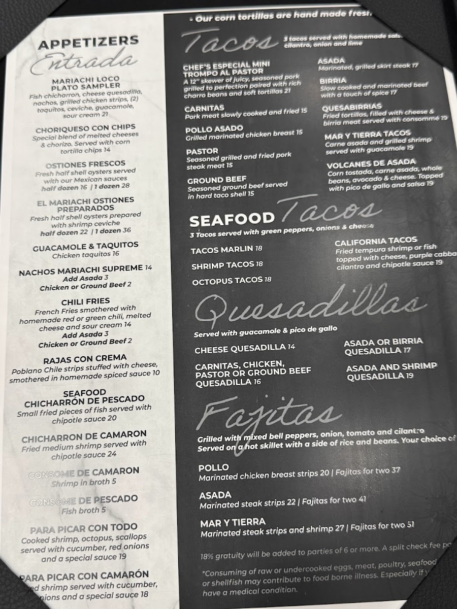 Mariachi Loco Restaurant menu board