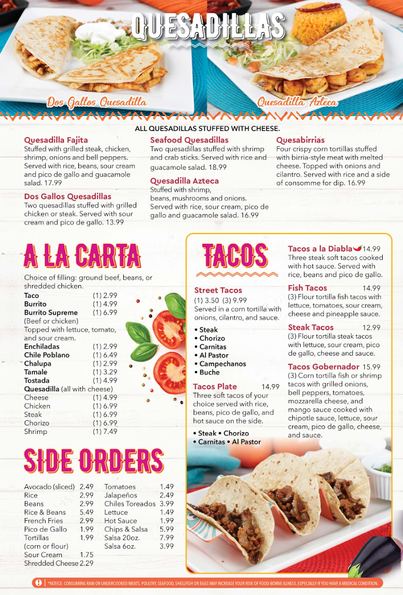 LOS DOS GALLOS MEXICAN RESTAURANT menu board