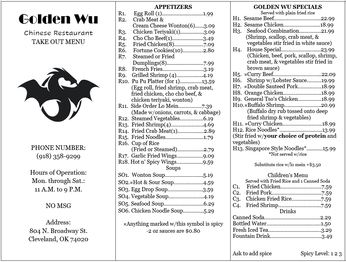Golden Wu menu board