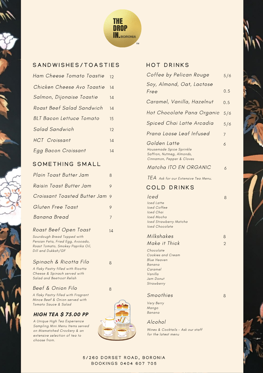 The Drop In Cafe menu board
