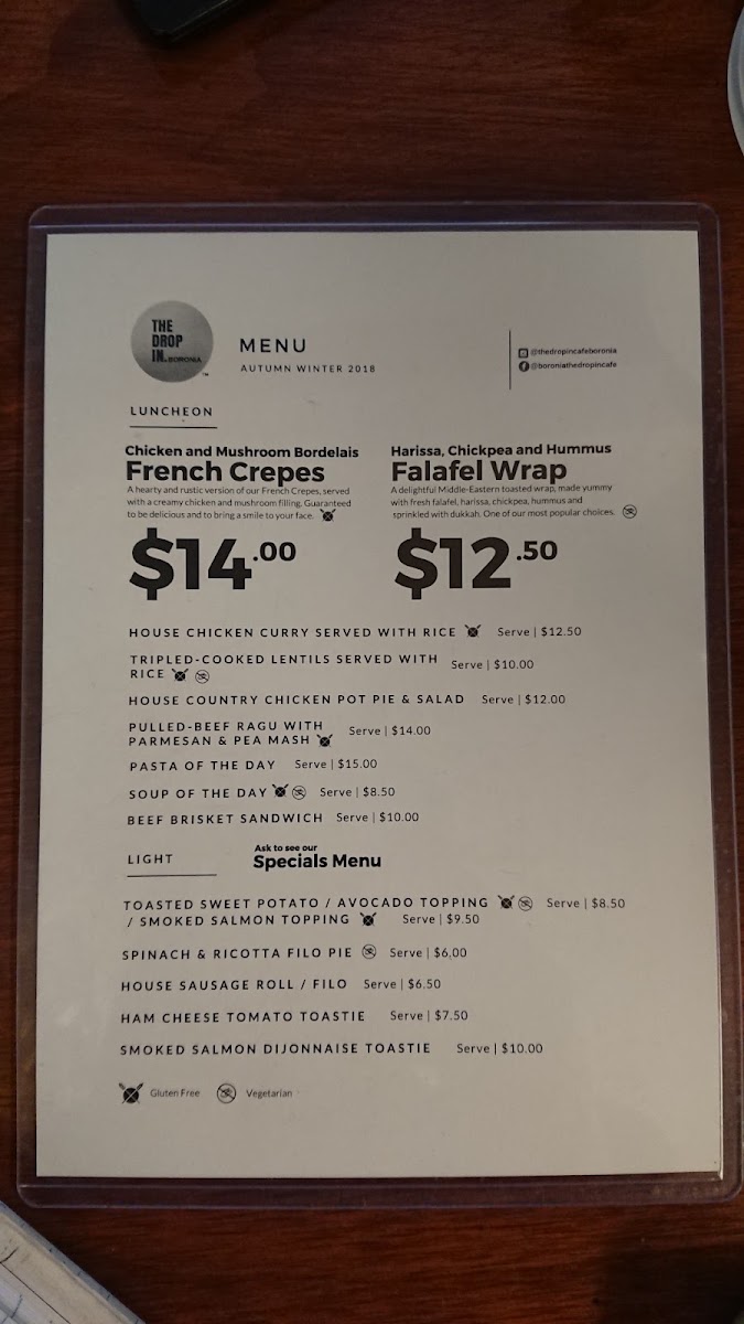 The Drop In Cafe menu board
