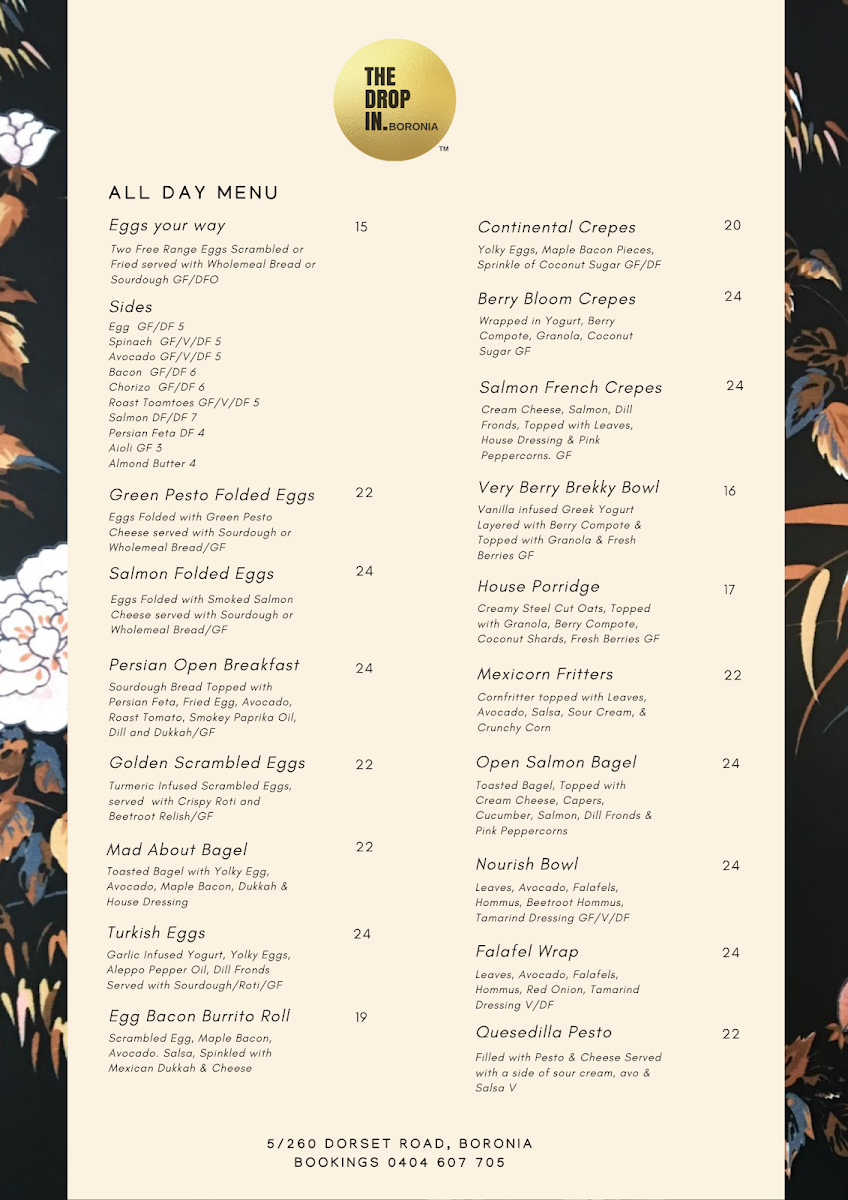 The Drop In Cafe menu board