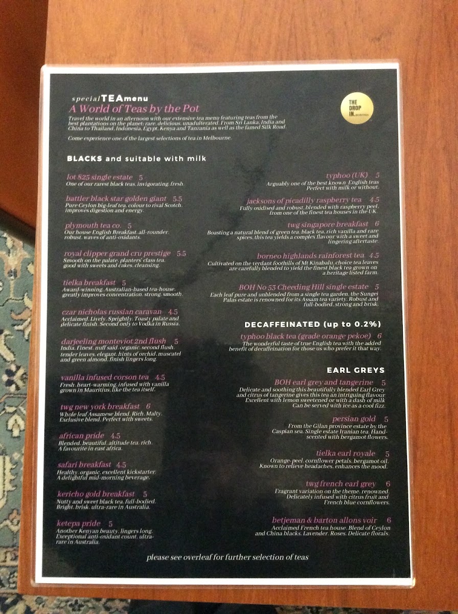 The Drop In Cafe menu board