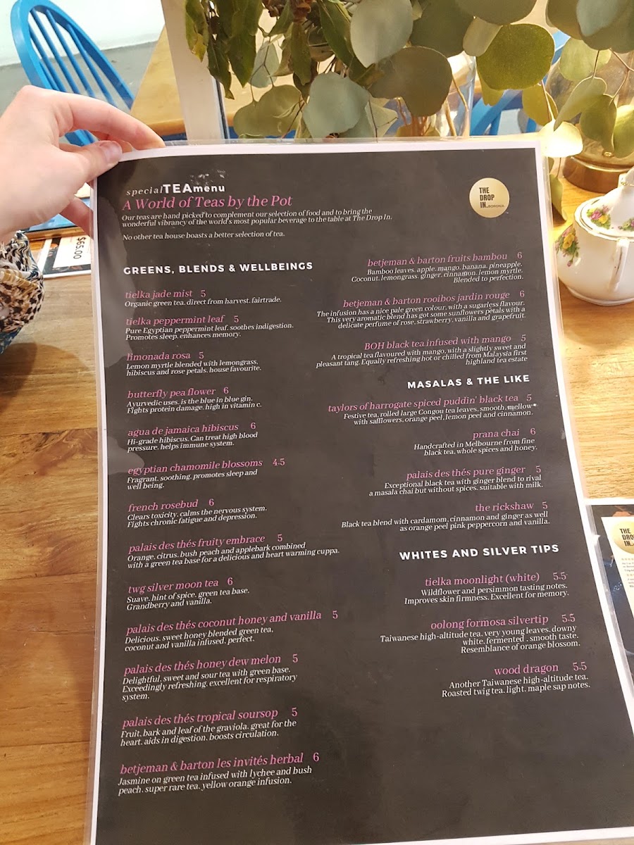The Drop In Cafe menu board