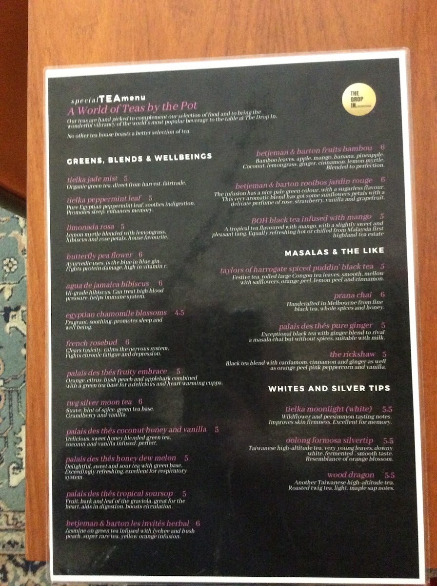 The Drop In Cafe menu board