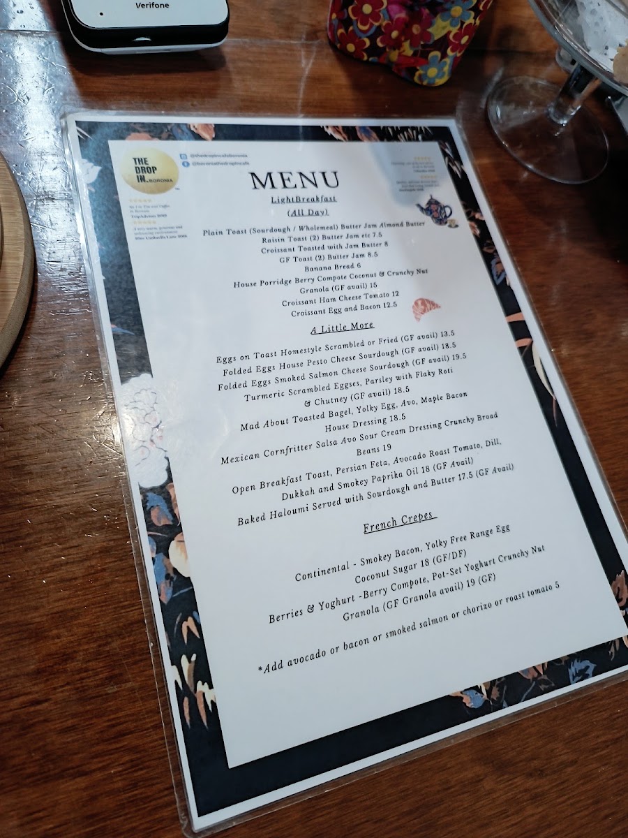 The Drop In Cafe menu board