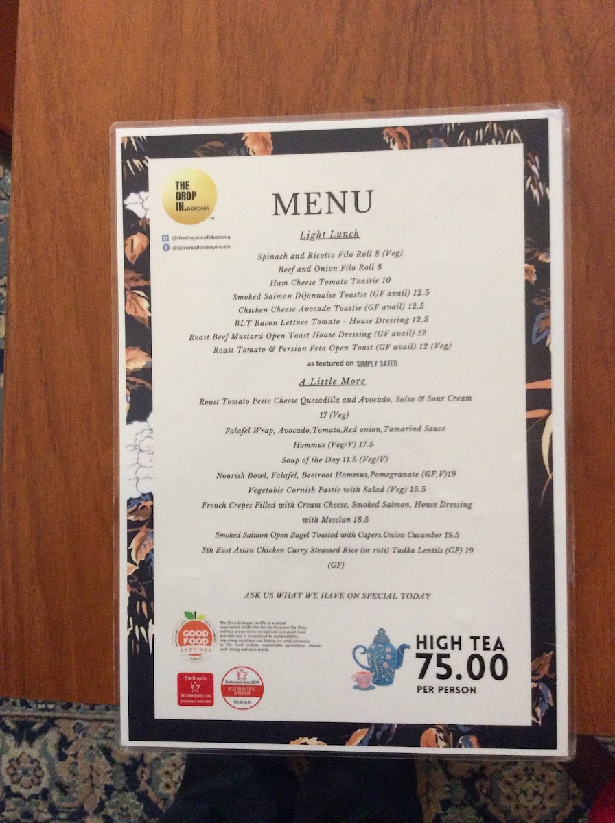 The Drop In Cafe menu board