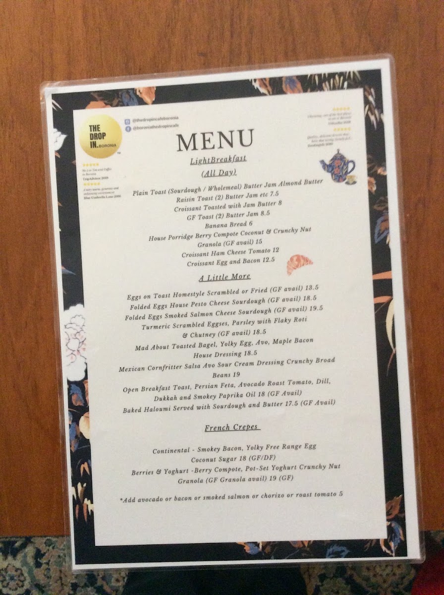 The Drop In Cafe menu board