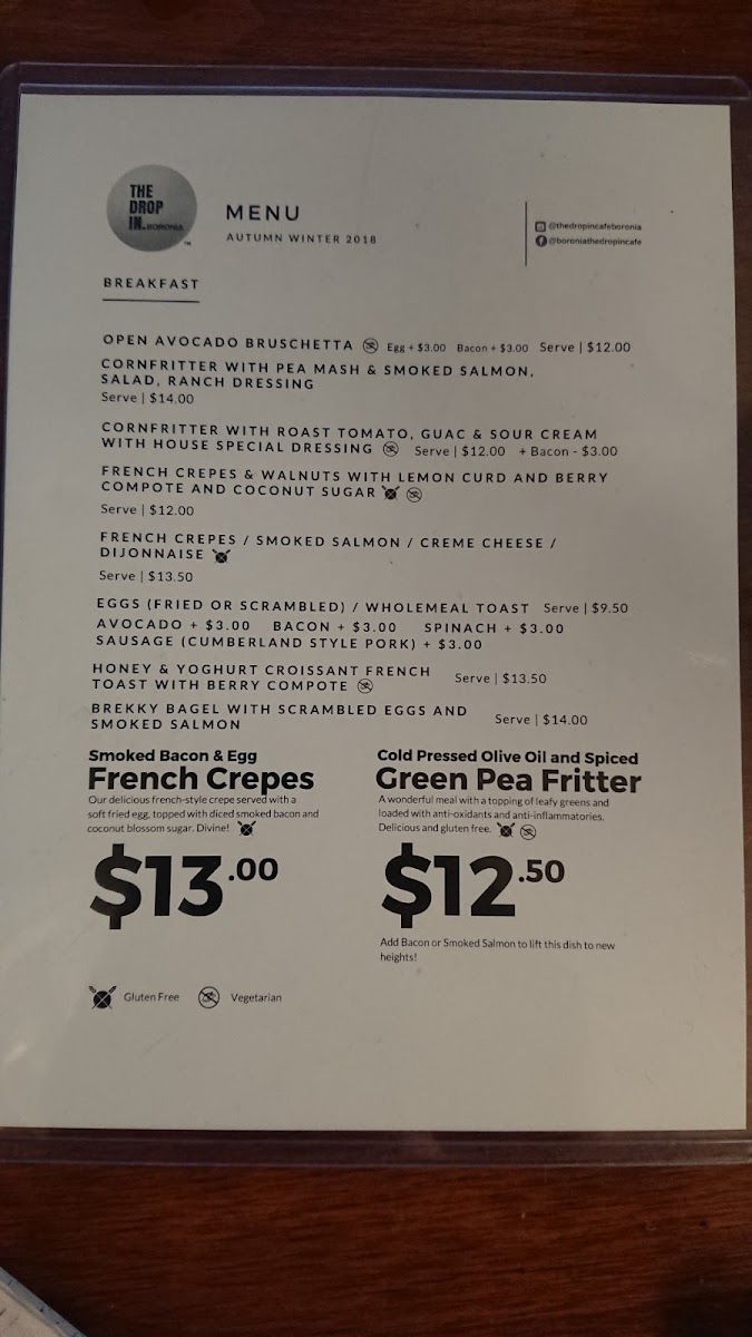 The Drop In Cafe menu board