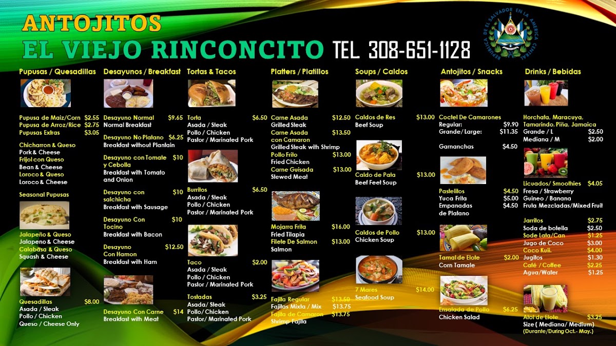 El Viejo Rinconcito menu board