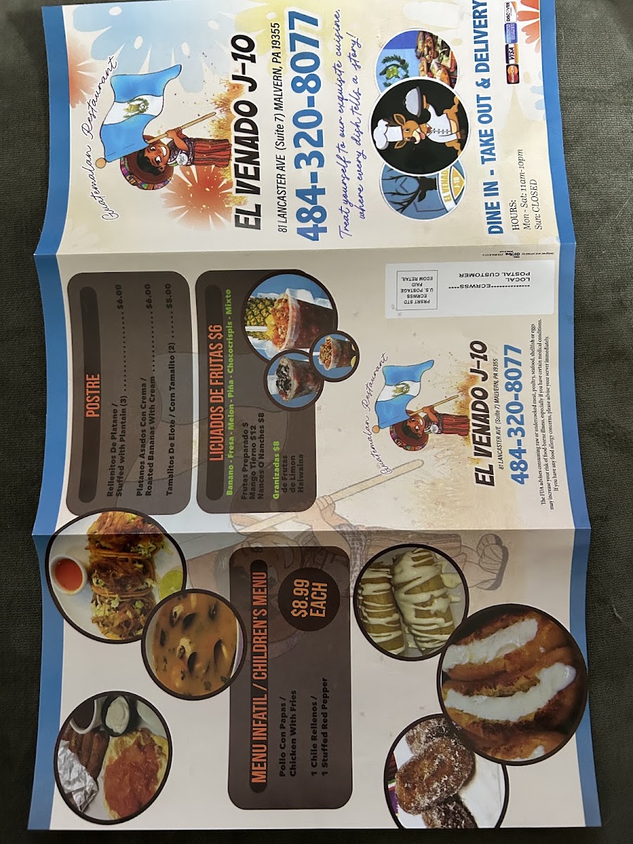 Guatemalan Restaurant 'EL VENADO J-10' menu board