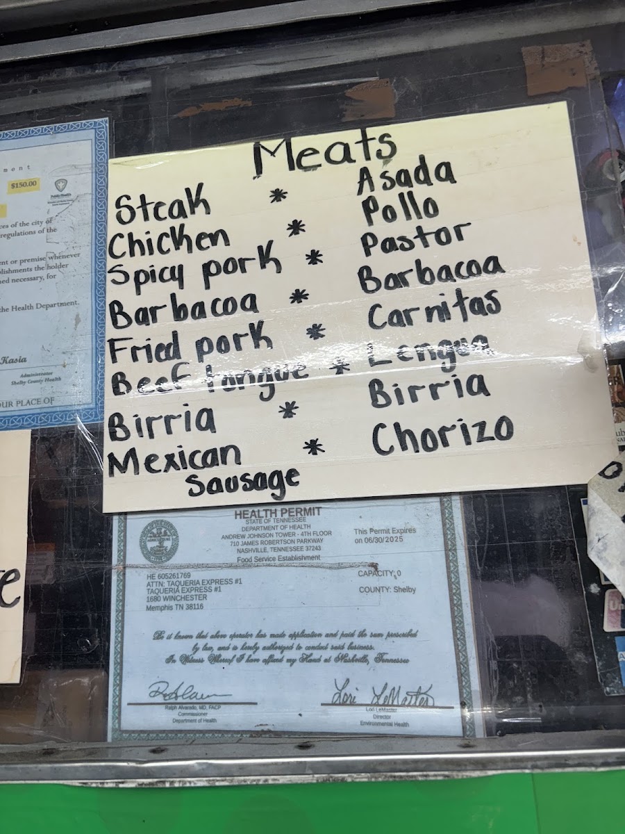 Taqueria Express menu board