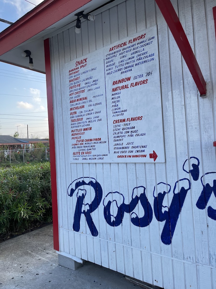 Rosy’s Snow Cones menu board
