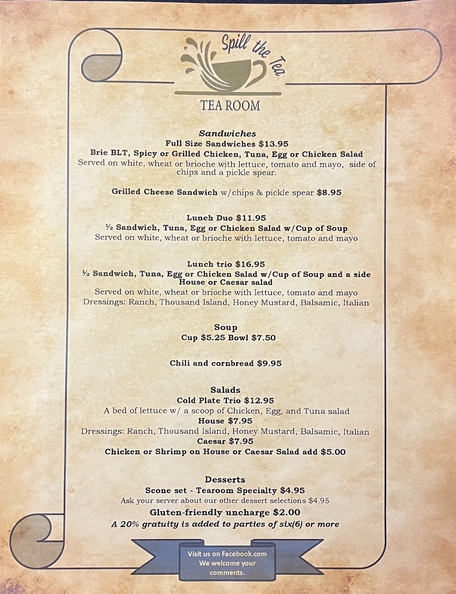 Spill the Tea Tearoom LLC menu board