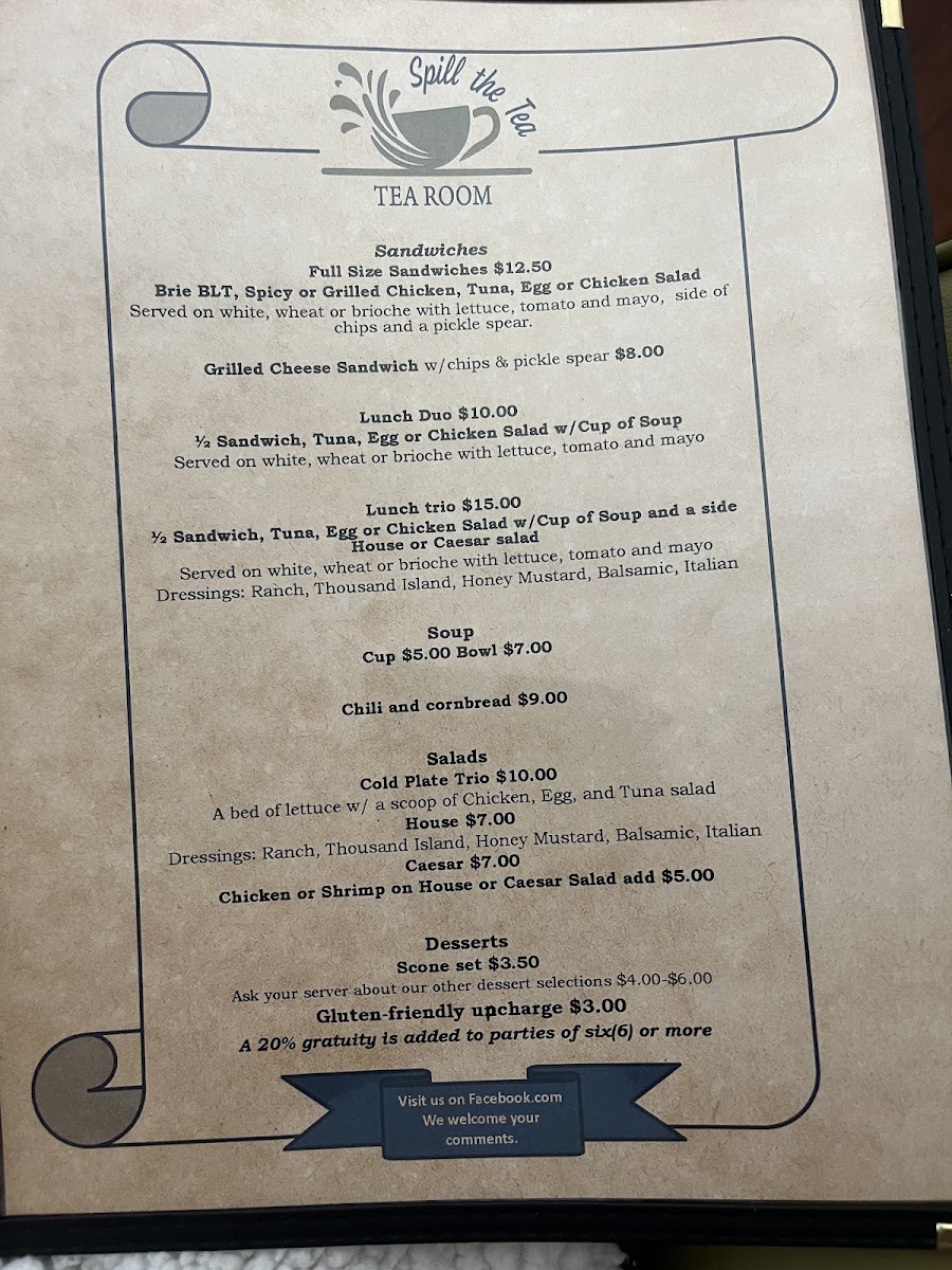 Spill the Tea Tearoom LLC menu board
