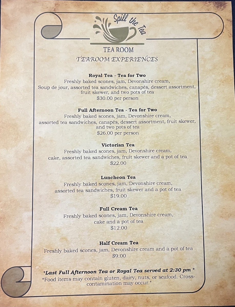 Spill the Tea Tearoom LLC menu board