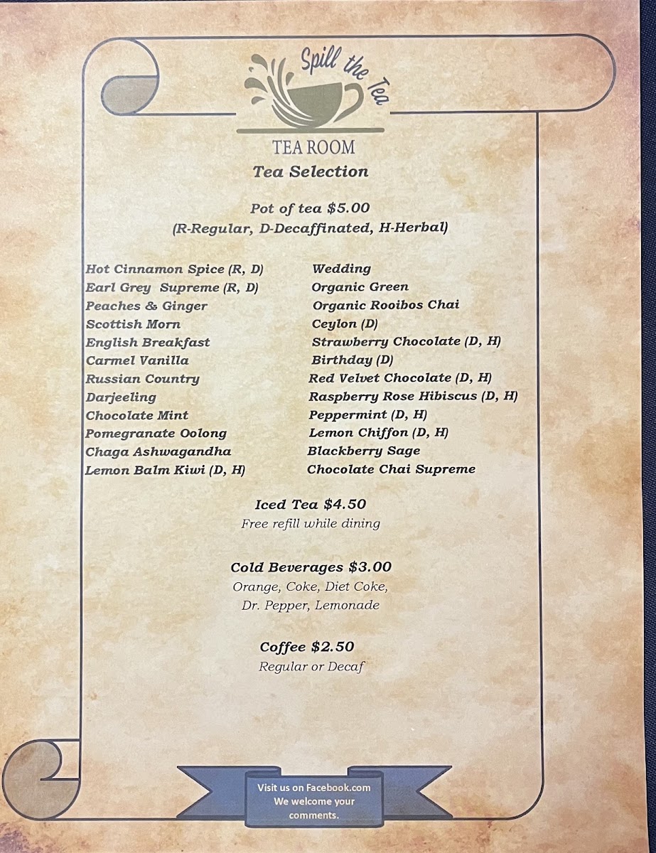 Spill the Tea Tearoom LLC menu board
