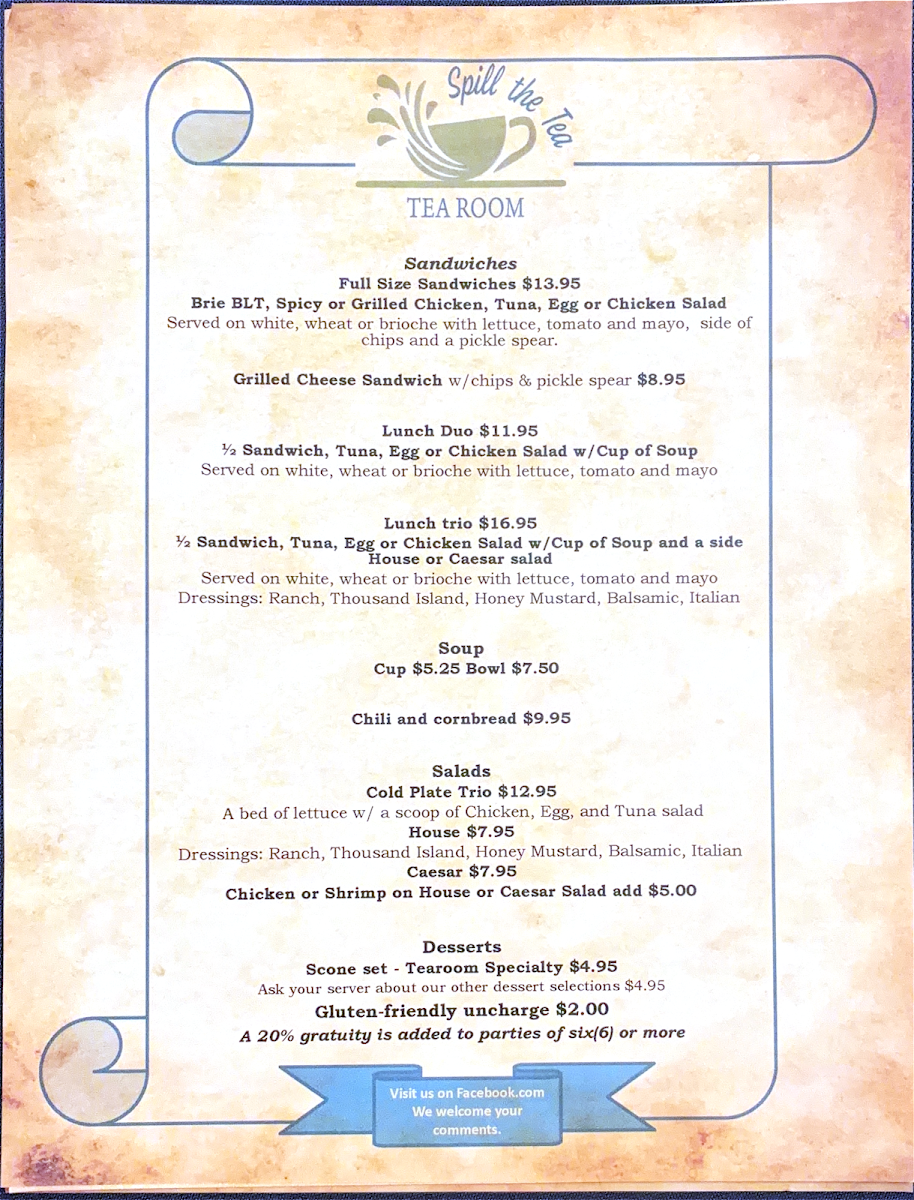 Spill the Tea Tearoom LLC menu board