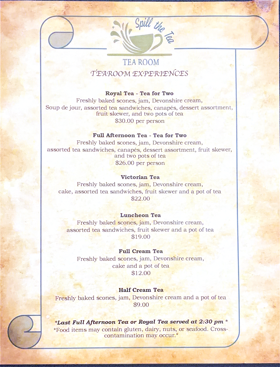 Spill the Tea Tearoom LLC menu board