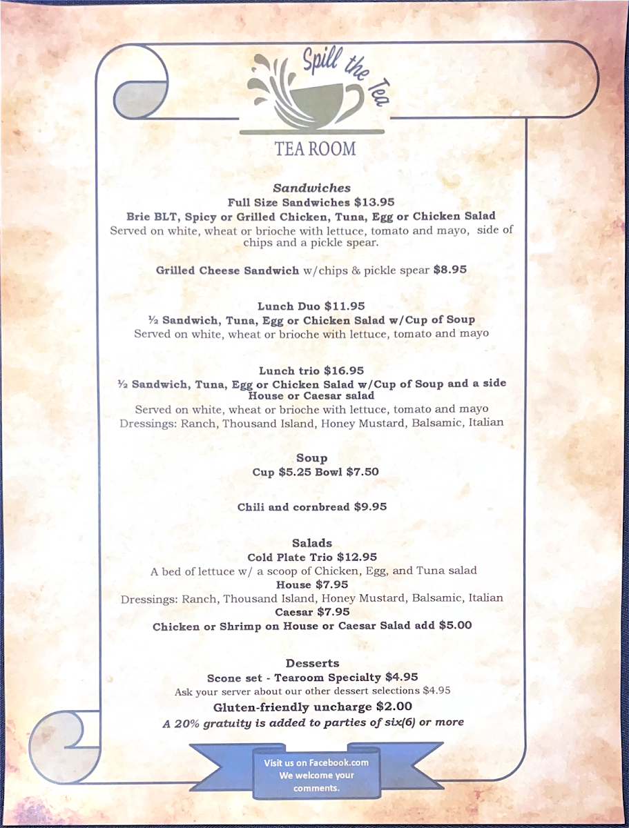 Spill the Tea Tearoom LLC menu board