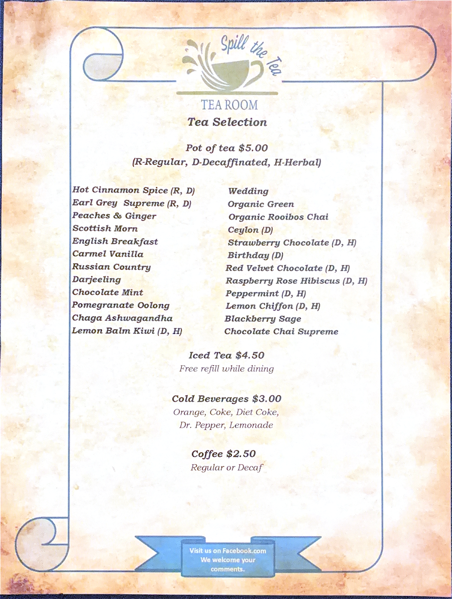 Spill the Tea Tearoom LLC menu board