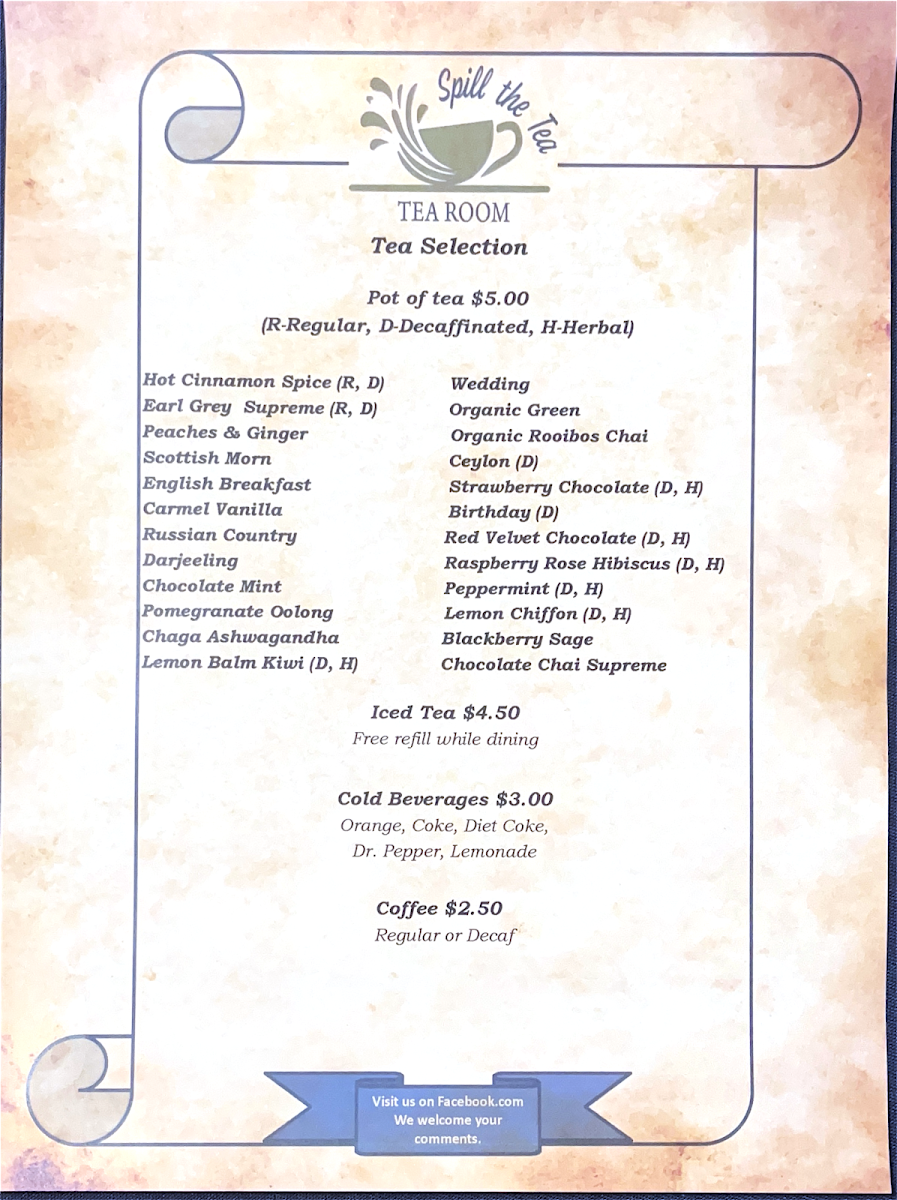 Spill the Tea Tearoom LLC menu board
