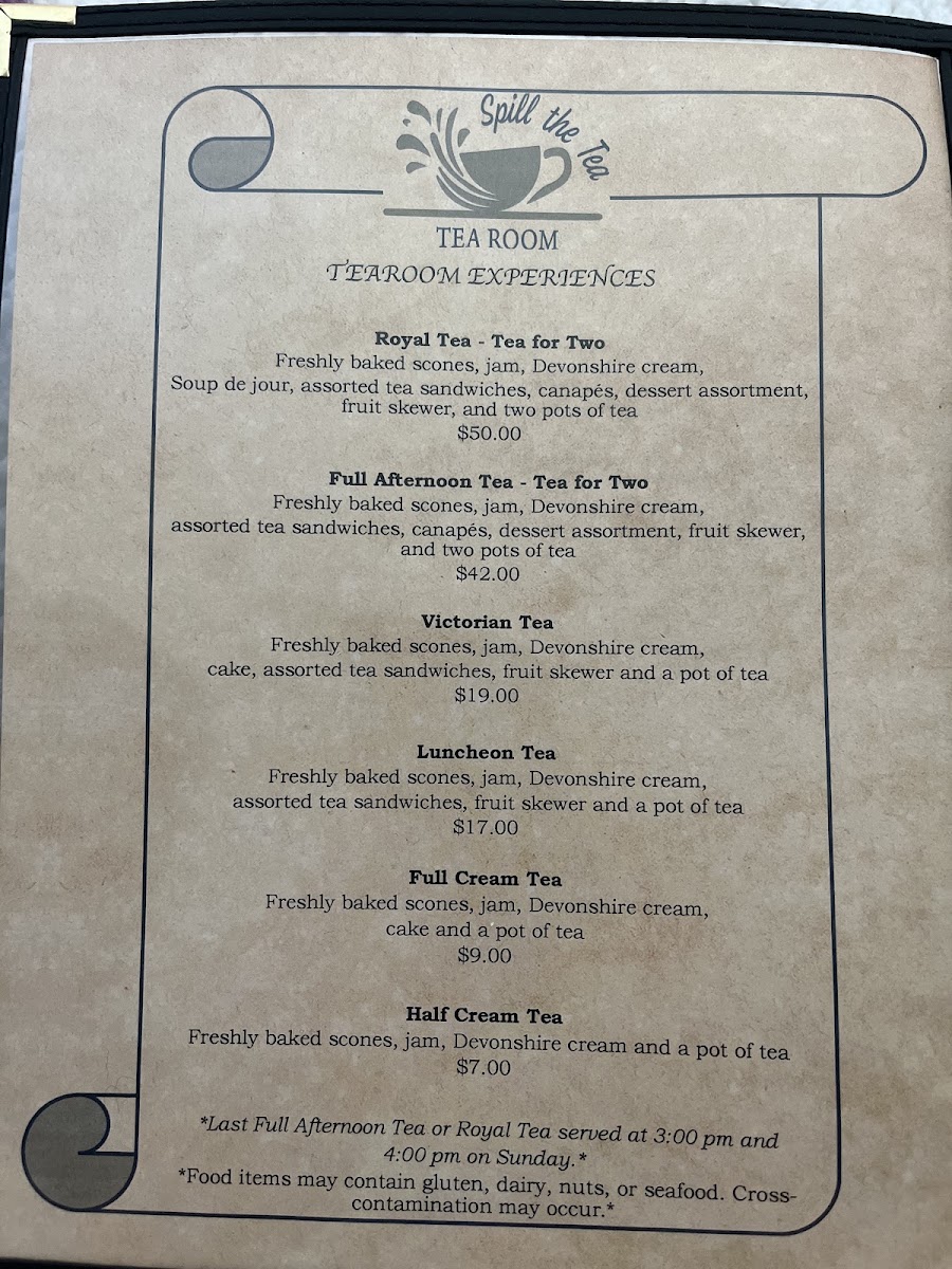 Spill the Tea Tearoom LLC menu board
