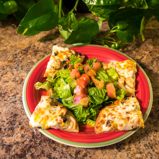 Black Bean Chicken Flatbread with Cesar Salad
