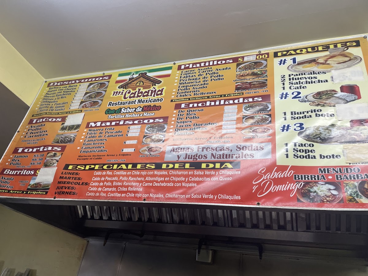 Mi Cabana Restaurant menu board
