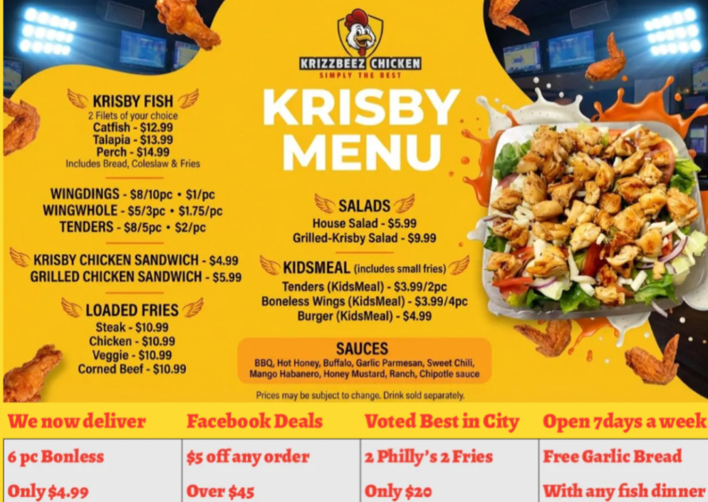 Krizzbeez Chicken menu board