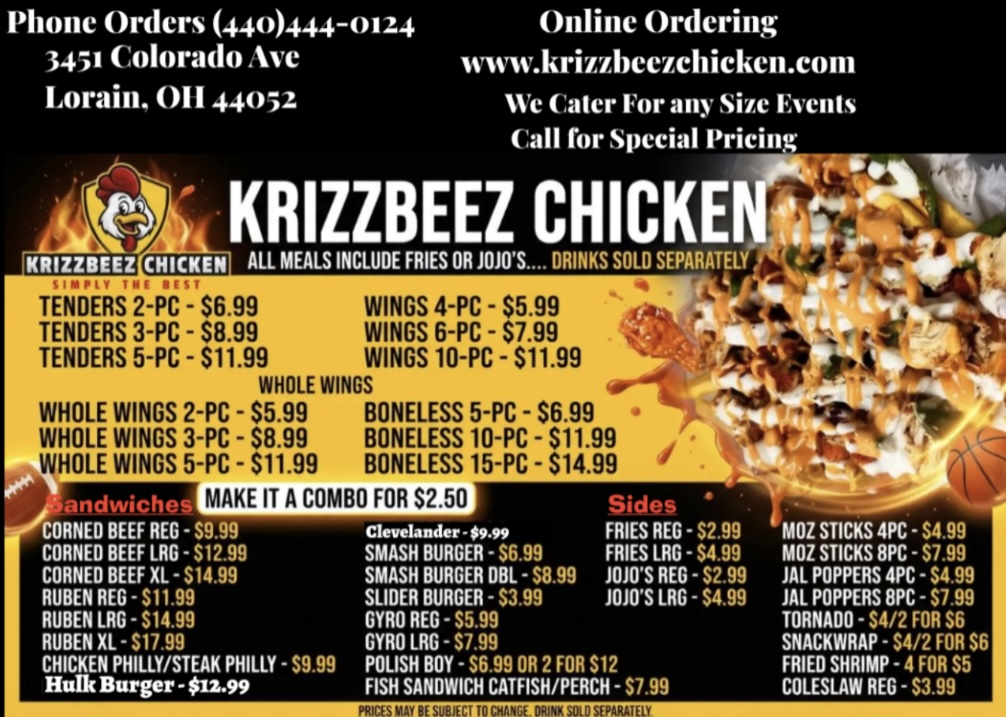 Krizzbeez Chicken menu board