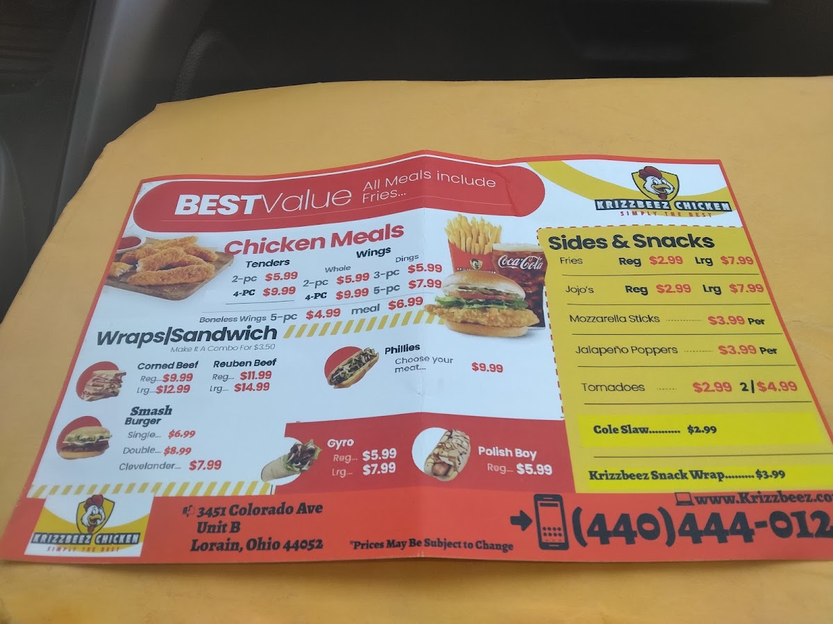 Krizzbeez Chicken menu board